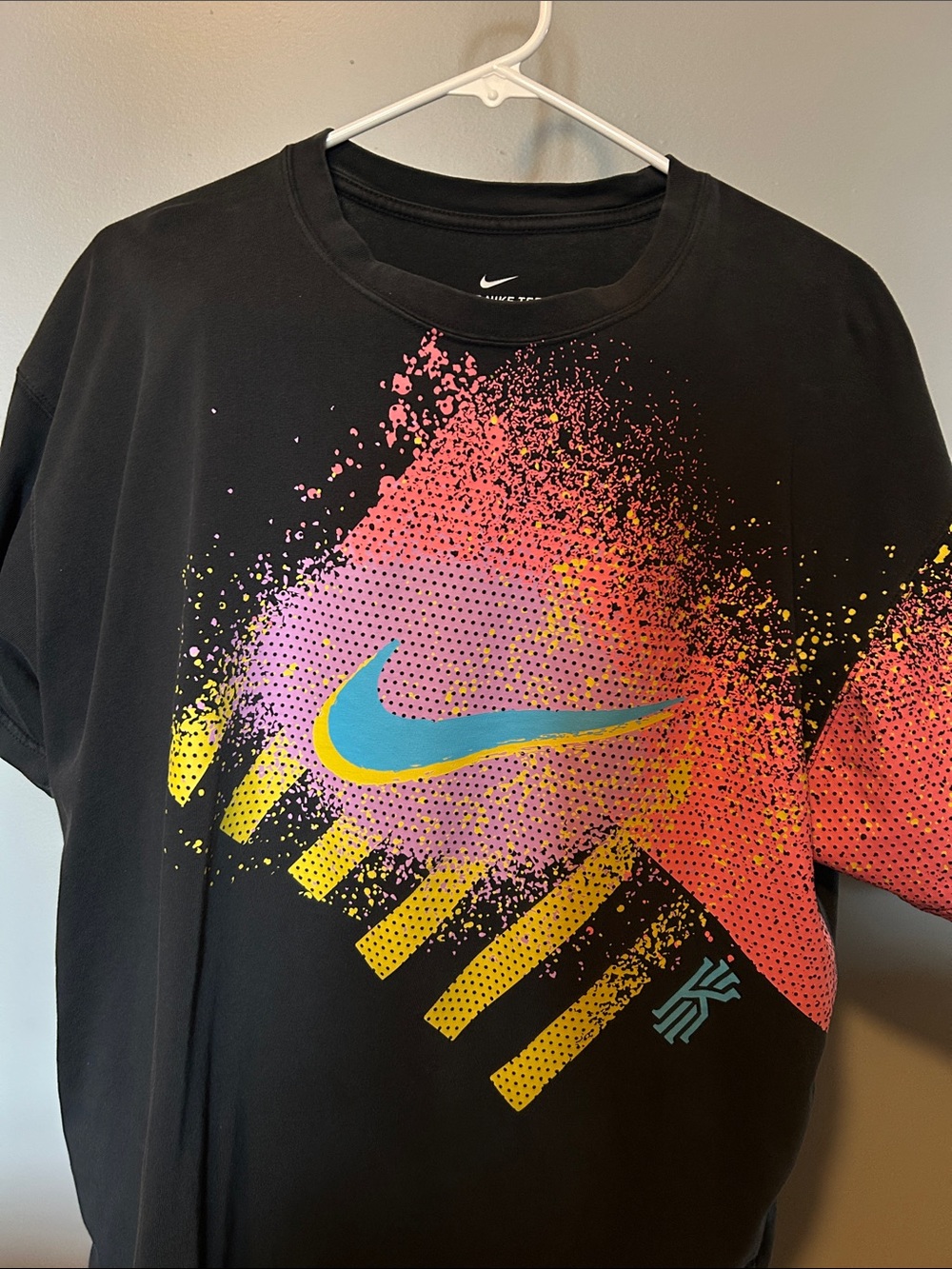 Nike Black Tee with Turquoise and Yellow Swoosh and Pink/Purple Splash